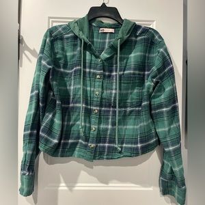 SO Women’s Green and Navy Flannel Button Top with Hood